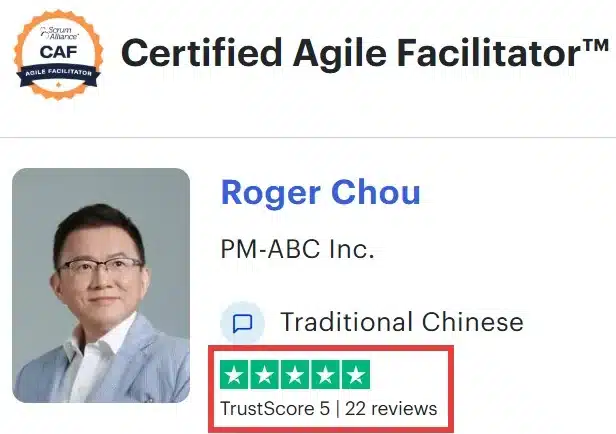 Scrum Alliance Trustpilot review page: Instructor Roger Chou, 22 five-star reviews