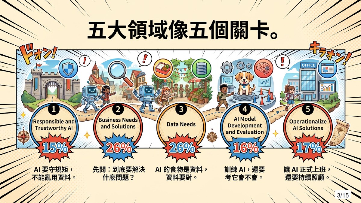 The CPMAI five-domain one-page infographic, AI-generated comic-style teaching material