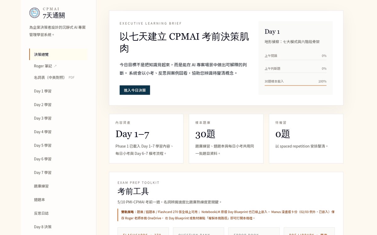 Homepage of Roger's AI-agent-built CPMAI 7-Day Sprint learning system
